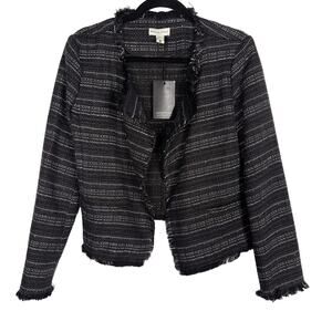 New Adrienne Vittadini Medium Black Striped Tweed Blazer Fringe Ends Open Front